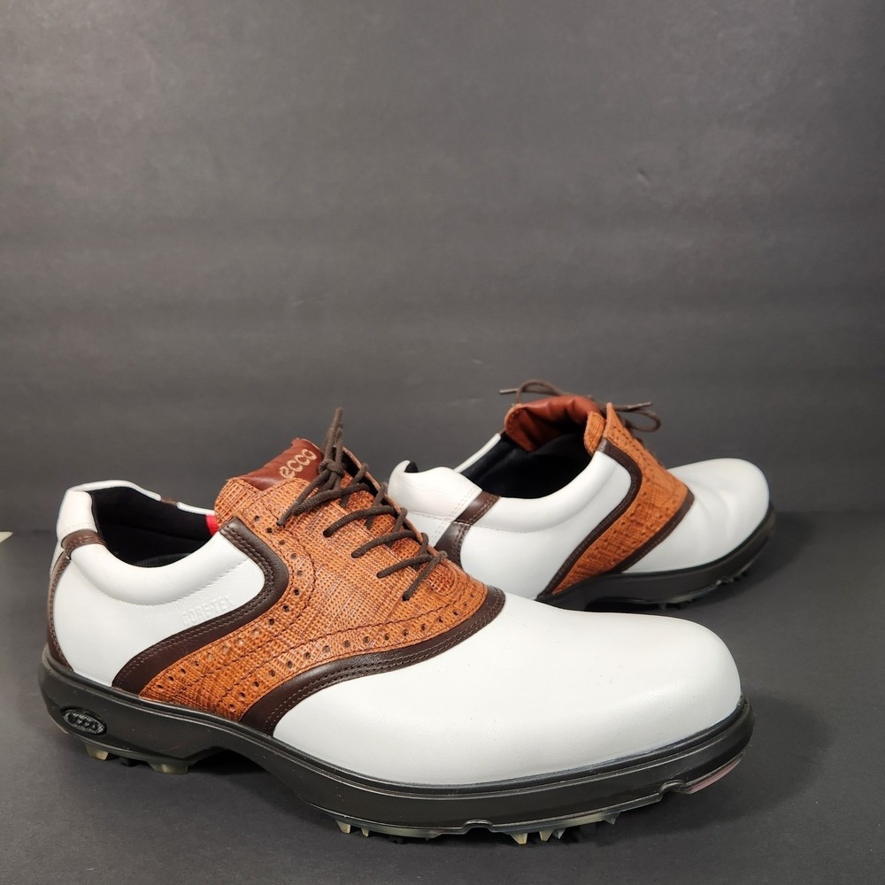 ECCO Golf Shoes Mens 11-11.5 White Brown Gore-Tex Leather Spiked Cleats Wingtip